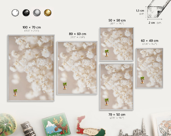 Magneetbord voor souvenir magneten met zilveren lijst Beige bloemen