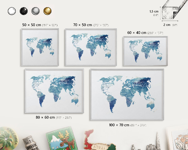 Decoratief metalen magneetbord in een zilveren lijst Aquarelkaart