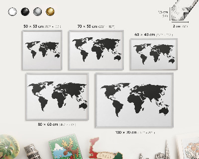 Decoratief metalen magneetbord in een zilveren lijst Wereldkaart