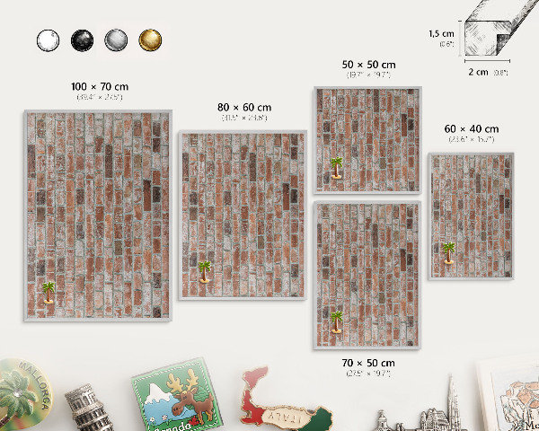 Magneetbord voor souvenir magneten met zilveren lijst Bakstenen muur