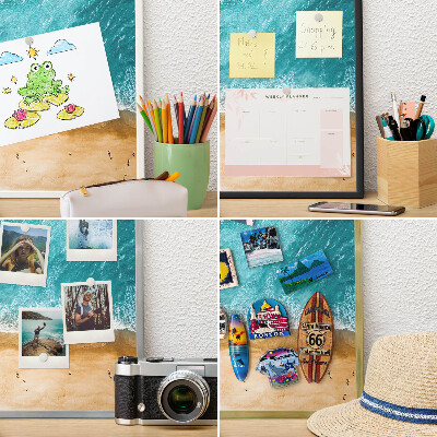Decoratief metalen magneetbord in een zilveren lijst Zee en strand