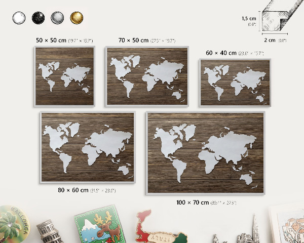 Decoratief metalen magneetbord in een zilveren lijst Houten kaart