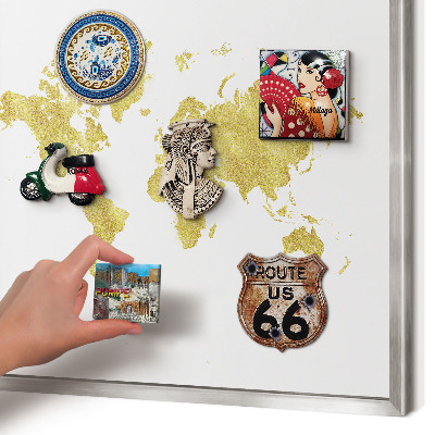 Magneetbord voor souvenir magneten met zilveren lijst Wereldkaart