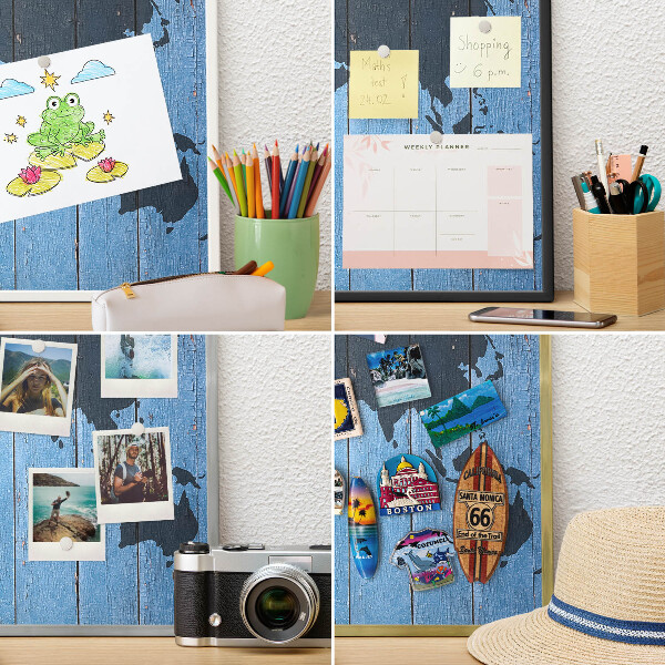Decoratief metalen magneetbord in een zilveren lijst Wereldkaart