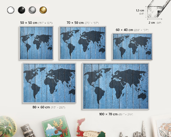 Decoratief metalen magneetbord in een zilveren lijst Wereldkaart