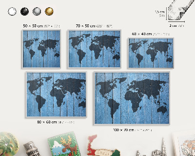 Decoratief metalen magneetbord in een zilveren lijst Wereldkaart