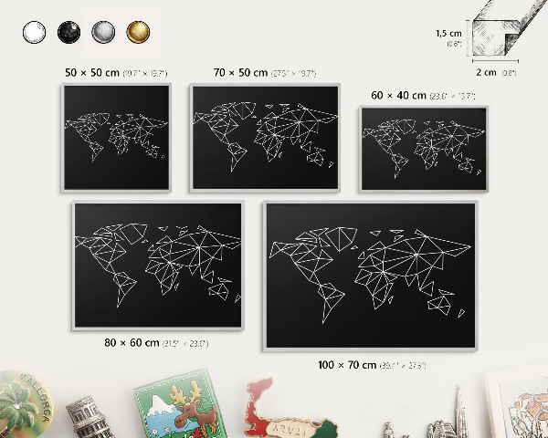Decoratief metalen magneetbord in een zilveren lijst Wereldkaart
