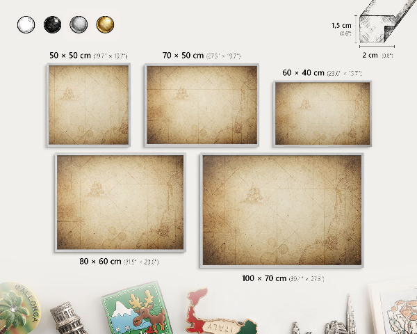 Decoratief metalen magneetbord in een zilveren lijst Oude kaart