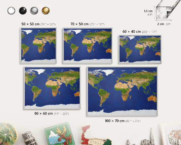 Magneetbord voor souvenir magneten met zilveren lijst De wereld in kaart brengen