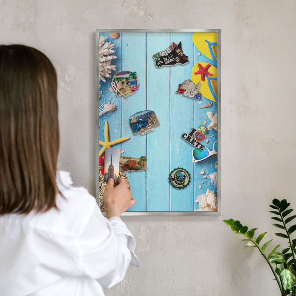 Magneetbord voor souvenir magneten met zilveren lijst Vakantiestrand