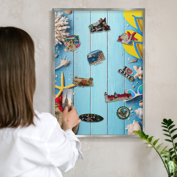 Magneetbord voor souvenir magneten met zilveren lijst Vakantiestrand