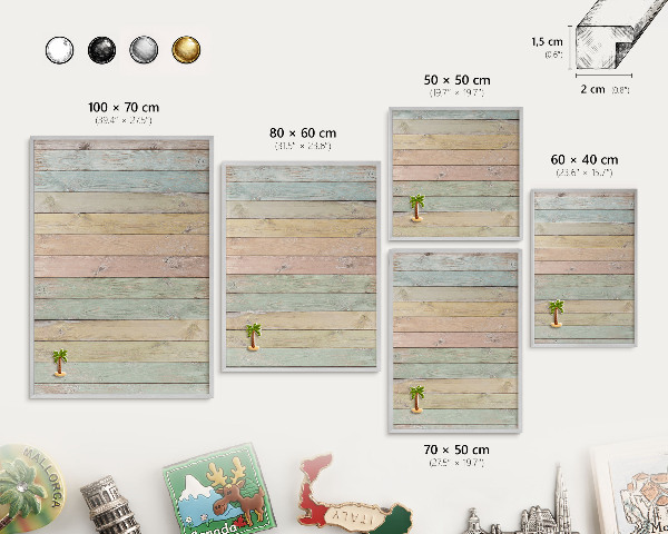 Decoratief metalen magneetbord in een zilveren lijst Rustieke planken