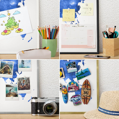 Magneetbord voor souvenir magneten met zilveren lijst Wereldkaart