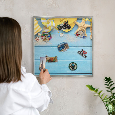 Decoratief metalen magneetbord in een zilveren lijst Strandsfeer