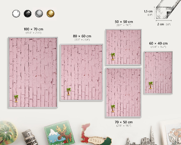 Magneetbord voor souvenir magneten met zilveren lijst Roze baksteen