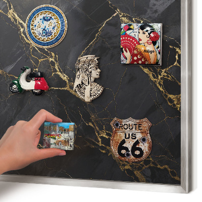Decoratief metalen magneetbord in een zilveren lijst Zwart marmer