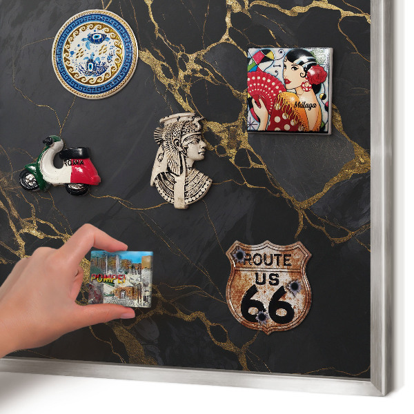 Decoratief metalen magneetbord in een zilveren lijst Zwart marmer