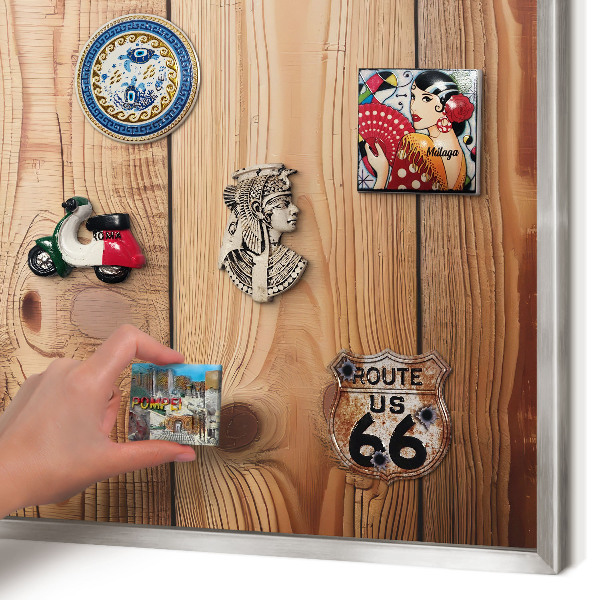 Magneetbord voor souvenir magneten met zilveren lijst Houten planken