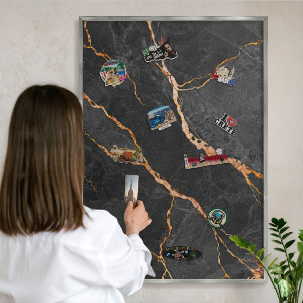 Magneetbord voor souvenir magneten met zilveren lijst Marmeren linten
