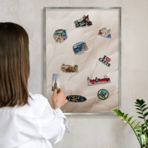 Decoratief metalen magneetbord in een zilveren lijst Crèmekleurige veren