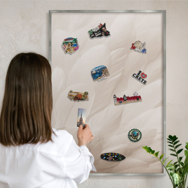 Decoratief metalen magneetbord in een zilveren lijst Crèmekleurige veren