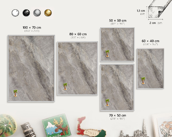 Decoratief metalen magneetbord in een zilveren lijst Steenstructuur