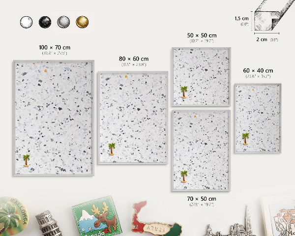 Magneetbord voor souvenir magneten met zilveren lijst Terrazzo-stijl