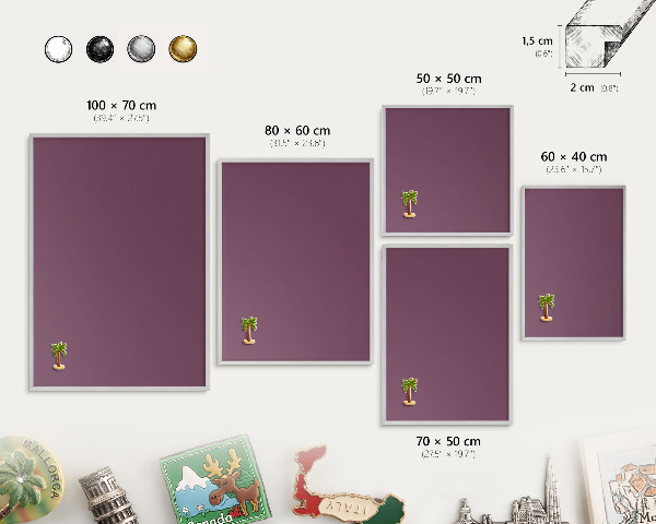 Decoratief metalen magneetbord in een zilveren lijst Paarse kleur
