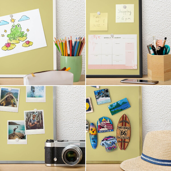 Decoratief metalen magneetbord in een zilveren lijst Lichte mosterd