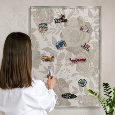 Decoratief metalen magneetbord in een zilveren lijst Vintage bloemen