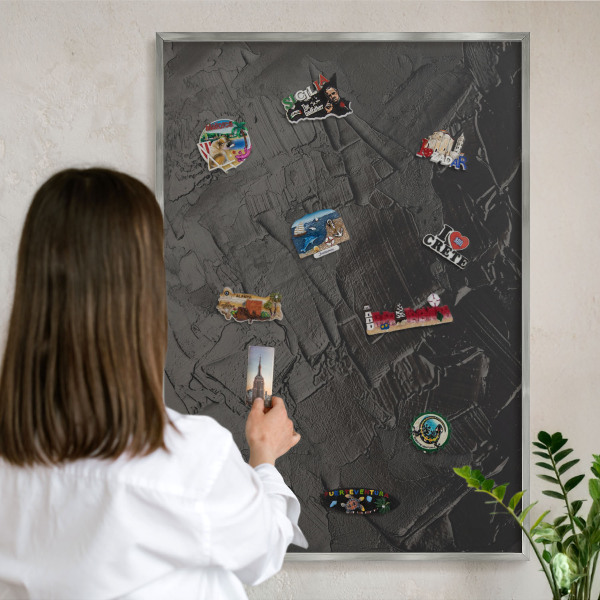 Magneetbord voor souvenir magneten met zilveren lijst Gestructureerd zwart