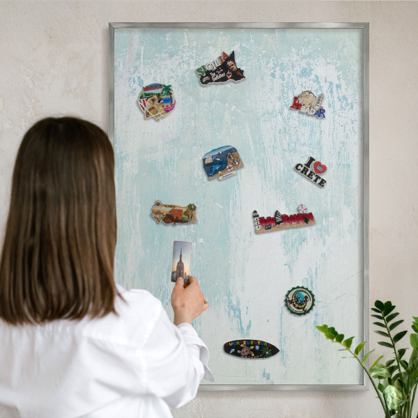 Magneetbord voor souvenir magneten met zilveren lijst Pastelkleurige schaafwonden