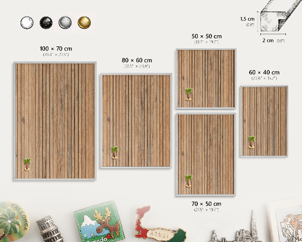 Magneetbord voor souvenir magneten met zilveren lijst Houten planken