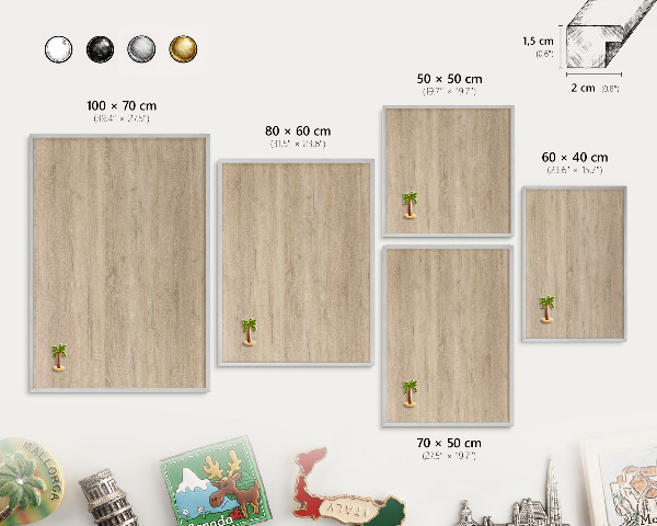 Magneetbord voor souvenir magneten met zilveren lijst Houten achtergrond