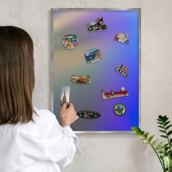 Magneetbord voor souvenir magneten met zilveren lijst Subtiele kleurovergang
