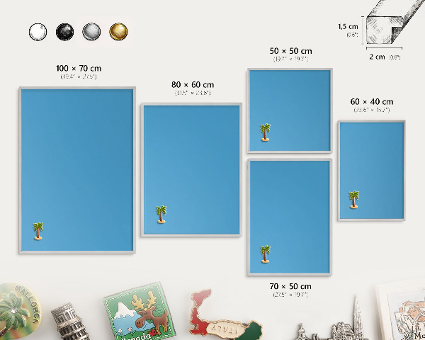 Magneetbord voor souvenir magneten met zilveren lijst Blauw water