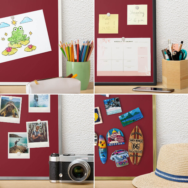 Decoratief metalen magneetbord in een zilveren lijst Levendig bordeauxrood