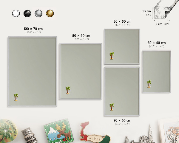 Decoratief metalen magneetbord in een zilveren lijst Warmgrijs