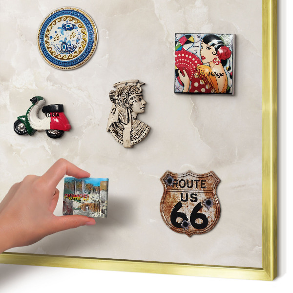 Magnetisch bord voor reismagneten met gouden lijst Beige marmer
