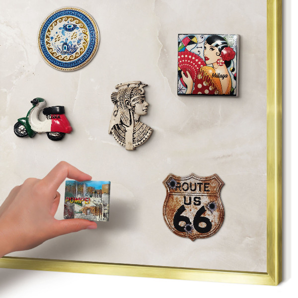 Magnetisch bord voor reismagneten met gouden lijst Beige marmer