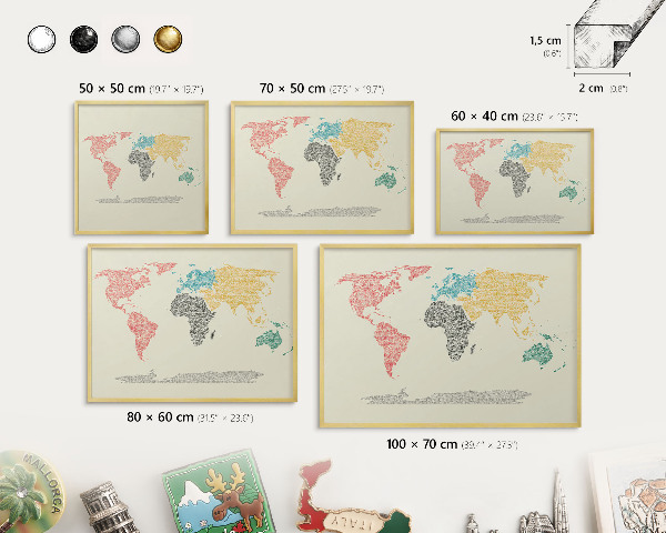 Metalen magneetbord met lijst in het goud Wereldkaart