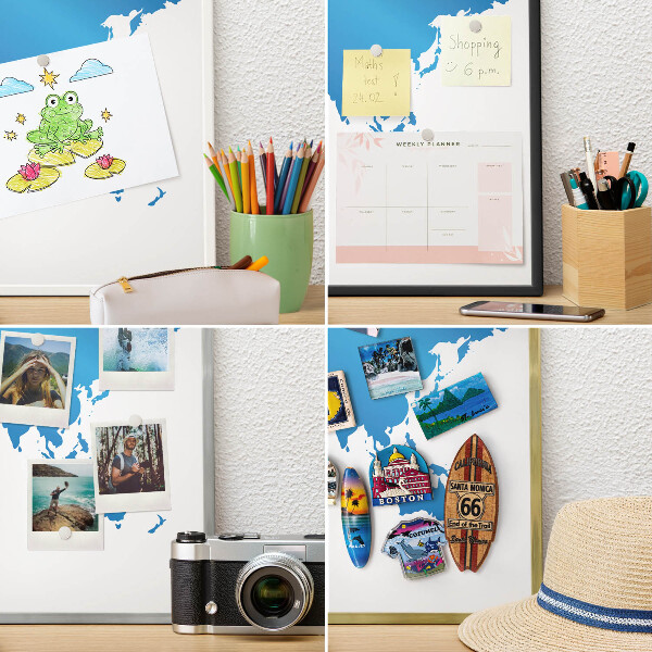 Metalen magneetbord met lijst in het goud Wereldkaart