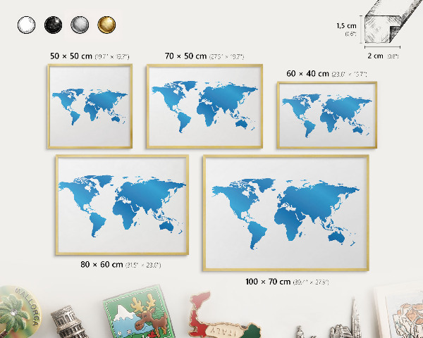 Metalen magneetbord met lijst in het goud Wereldkaart