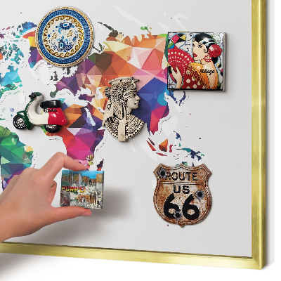 Metalen magneetbord met lijst in het goud Wereldkaart