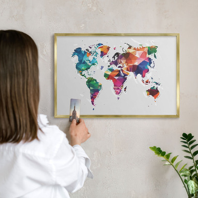 Metalen magneetbord met lijst in het goud Wereldkaart