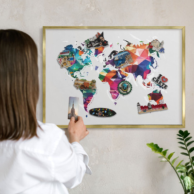 Metalen magneetbord met lijst in het goud Wereldkaart