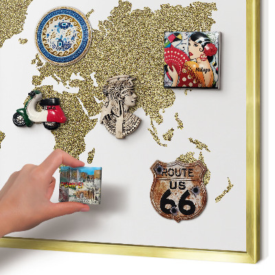 Metalen magneetbord met lijst in het goud Wereldkaart