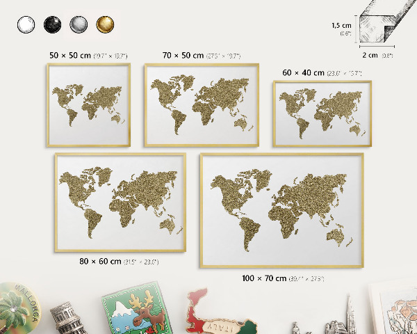 Metalen magneetbord met lijst in het goud Wereldkaart