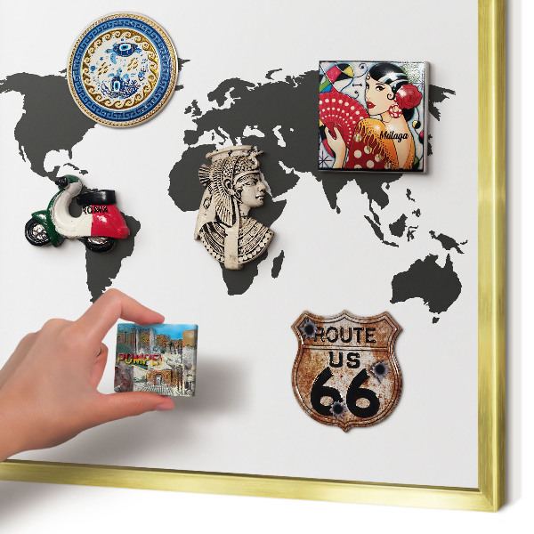 Magnetisch bord voor reismagneten met gouden lijst Wereldkaart