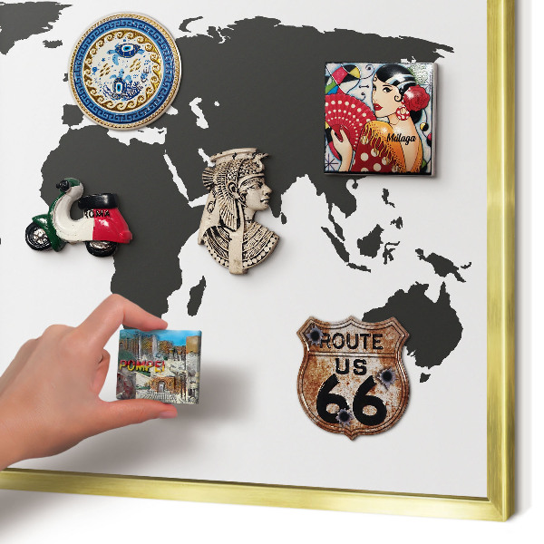 Magnetisch bord voor reismagneten met gouden lijst Wereldkaart